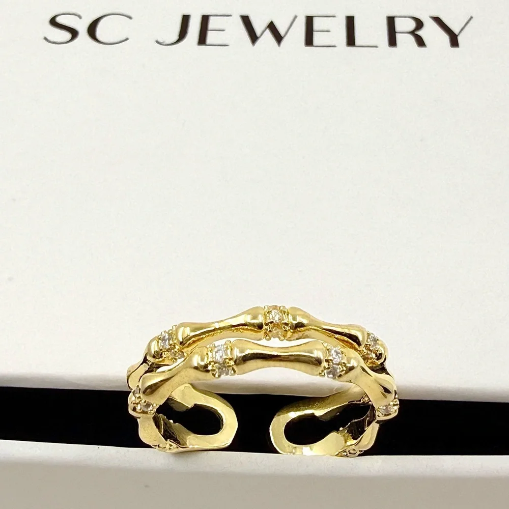 14K Gold Plated CZ Bamboo Style Double Band Ring | Adjustable Open Ring